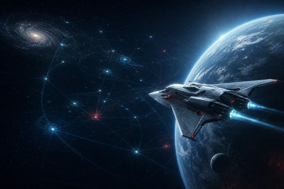 深空星图、行星与侦察飞船组成的科幻任务场景